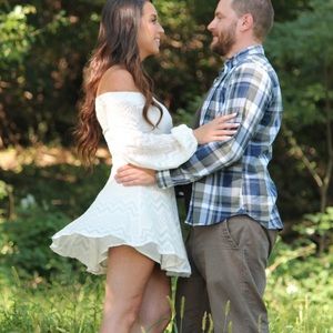 Long sleeve off the shoulder white mini dress.